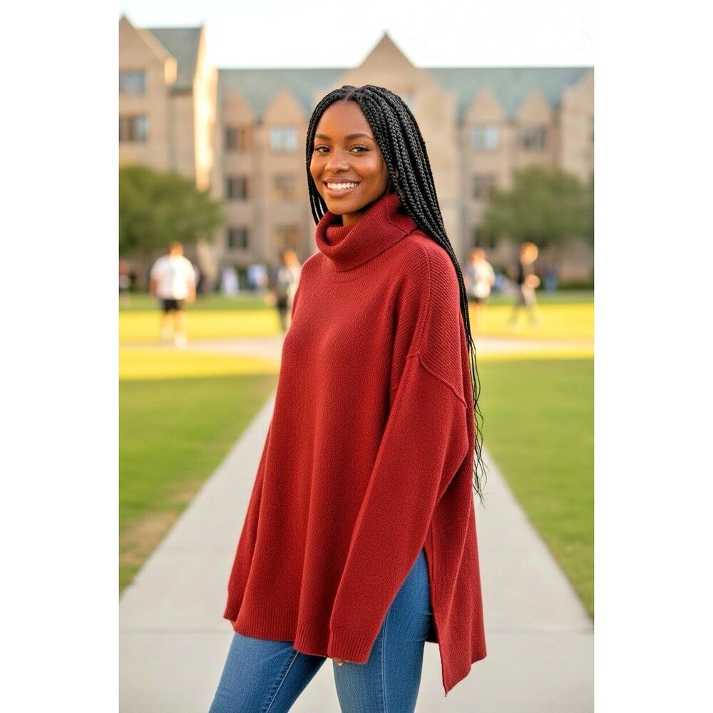 Free People Red Ribbed Knit Turtleneck Oversized Dolman Pullover Sweater Medium